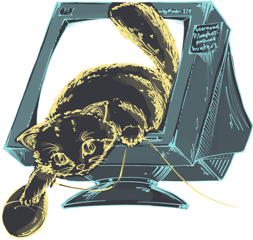 A cat emerging from the inside of a CRT monitor, clutching a computer mouse.